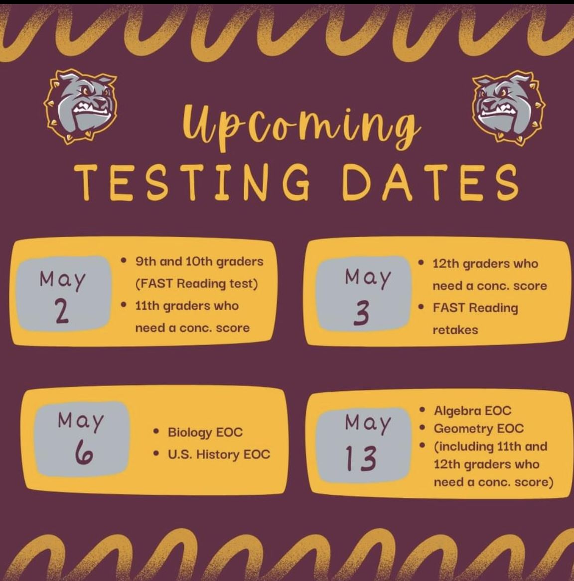  Flyer that says Upcoming Testing Dates