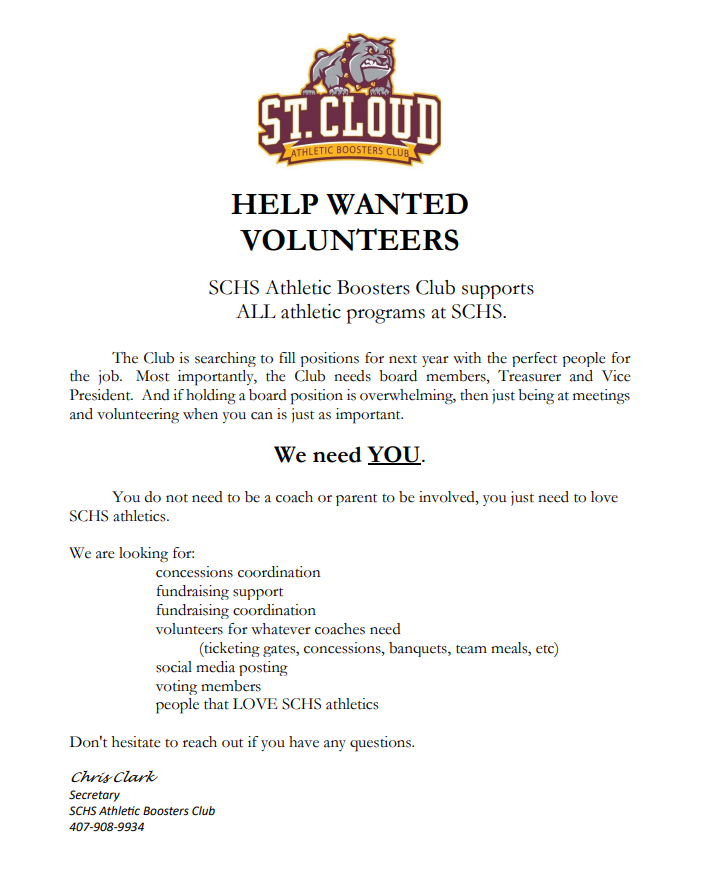  Flyers that says Help Wanted Volunteers for Athletic Boosters Club