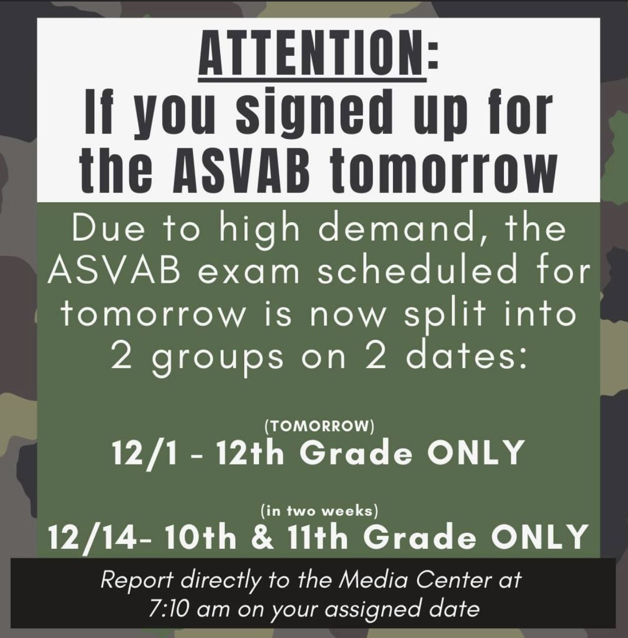  Flyer that says ASVAB Dec. 1st & Dec. 14th