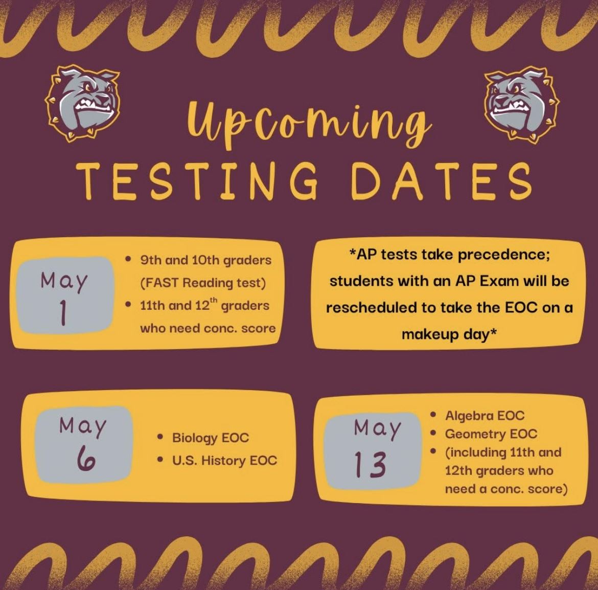  Flyer that says Upcoming Testing Dates