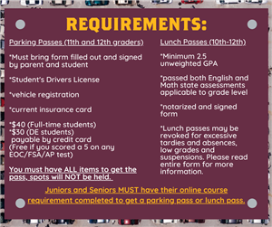  Flyer that says Parking Pass & Lunch Pass Info & Requirements