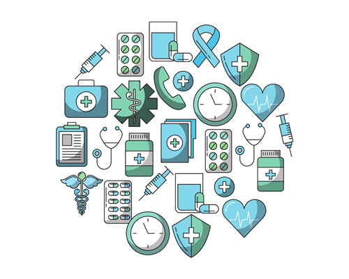 Medical related pictures, such as needle, medicine, and clipboard arranged in a circle