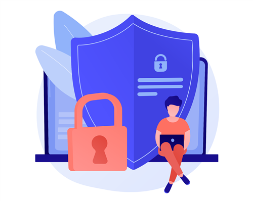 Person with a laptop on lap sitting beside a lock in front of a shield